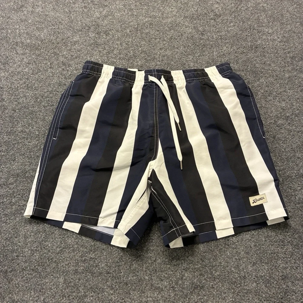 Bather Vertical Striped Mesh Lined Nylon Swim Trunks Shorts Mens Size Medium